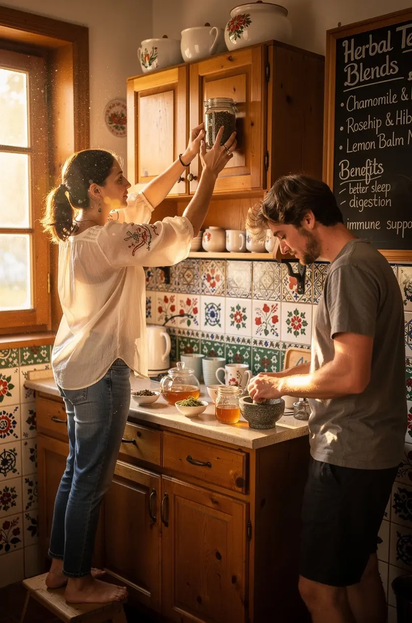 Egy csésze gyógynövény tea egy faasztalon, mellette egy nyitott könyv a térdízületek egészségéről szóló cikkekkel.